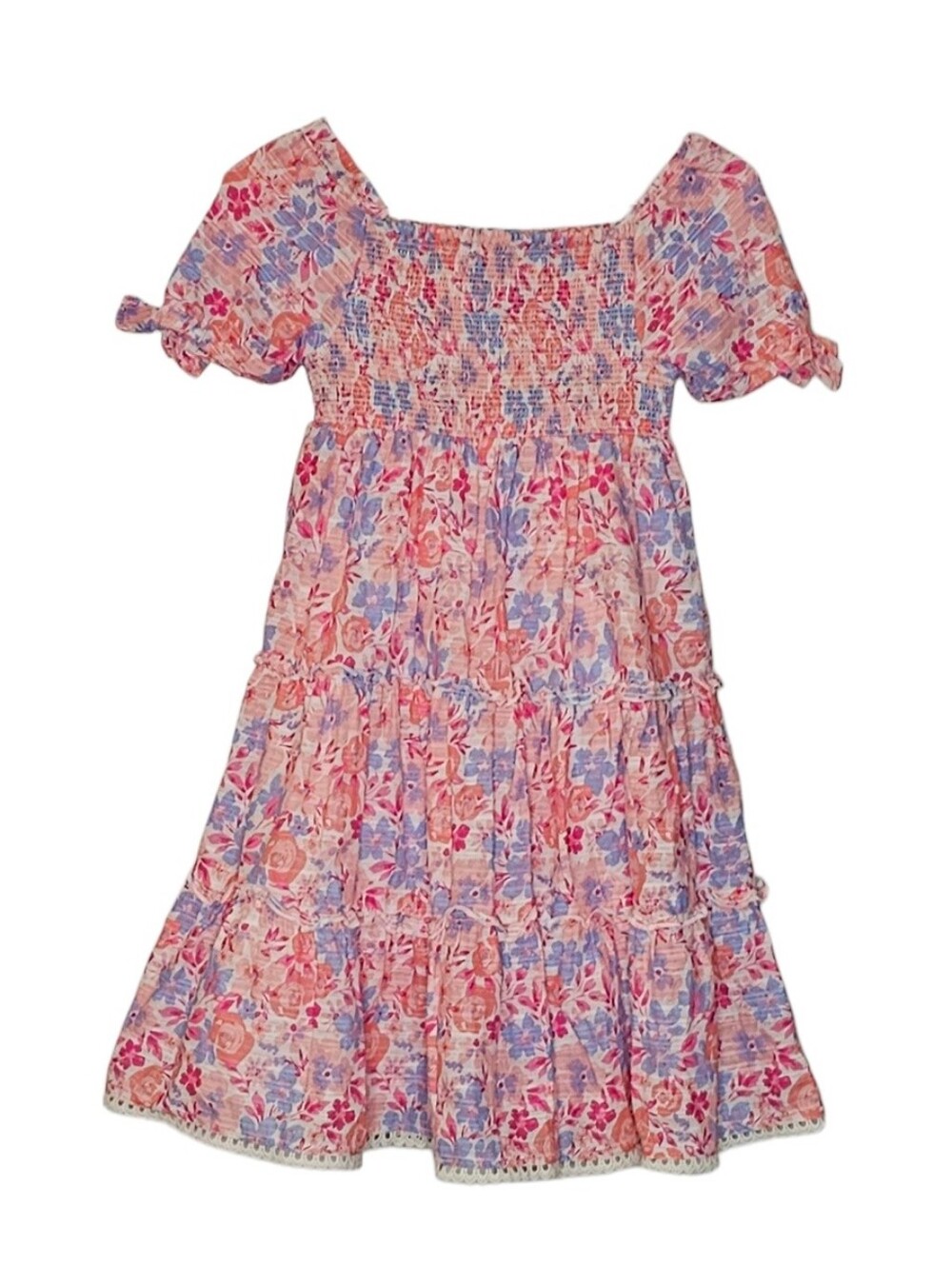 Isaac Mizrahi Pink Purple Peach Floral Tiered Short Sleeve Prairie Dress girls 7